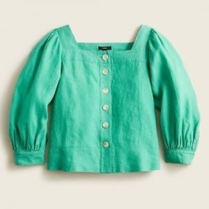 NWOT JCREW Linen Square Neck Puffy Sleeves Blouse pure 100% linen, green, size M